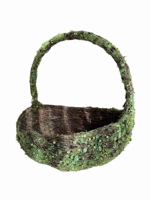 Cesta redonda natural Pottery Barn Greenvine Musgo con mango grande 16" H retirada usada en excelente estado Foto 1 de 4