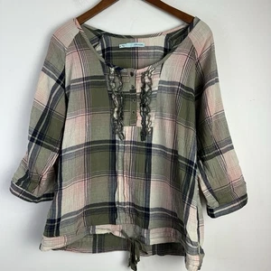 Maurices Babydoll Plaid Henley Top Sz M 3/4 Sleeve Lightweight Boho Peasant - Picture 1 of 7
