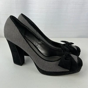 Ann Marino Pumps Womens 9M Black Gray Cap Toe Bow Ultra High Block Heel Career - Picture 1 of 19