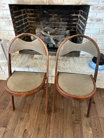 2 Antique Bentwood Folding Walnut? Wood Chairs Art Deco 1910  Vintage K.R. Avery Cover