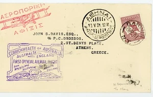 P47/31 AUSTRALIA 76 APRIL 1931 FIRST FLIGHT COVER DARWIN TO ATHENS - Picture 1 of 1