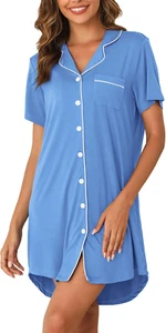 Women'S Nightgown Short Sleeve Pajama Dress Soft Button down Sleep Shirts Comfy - Picture 1 of 12