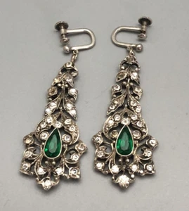 Antique Silver Screw Back Earrings Emerald & Diamond Paste 800 Grade HEZX - Picture 1 of 2