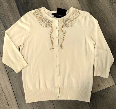 APOSTROPHE Embellished Angora Blend Cream Cardigan Sweater Sz L 12-14 NWT $44 - Image 1 of 4