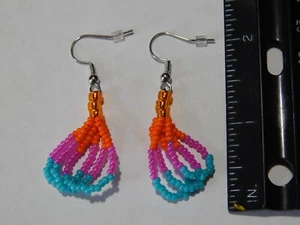 HANDMADE BEADED EARRINGS HANGING DROP 3 HOOP BOHO SAN ANTONIO SPURS COLORS NEW - Picture 1 of 4