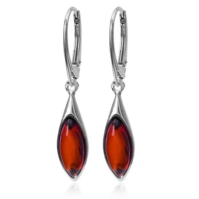925 Solid Sterling Silver Cherry Baltic Amber Marquise Beautiful Drop Earrings - Image 1 of 4