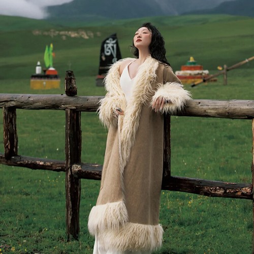 OFF WHITE Costume Donna Nuovo Etnico Vera Pelliccia Lunghezza Ginocchio Cappotto Spessi Caldo Foderato Pelliccia Cappotto