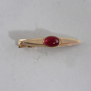 Vintage Anson Gold Tone Tie Clip Clasp Bar Red Glass Cabochon - Picture 1 of 3