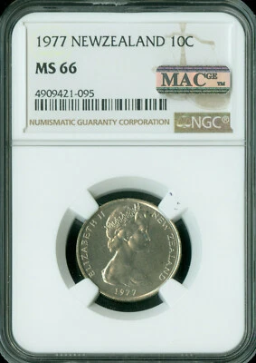 Nueva Zelanda 1977 10 centavos NGC MS65 PQ solo mejor grado Mac impecable. Foto 1 de 2