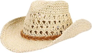 Straw Cowboy Hat Wide Brim Sun Cowgirl Summer Panama One Size, Beige - Picture 1 of 5
