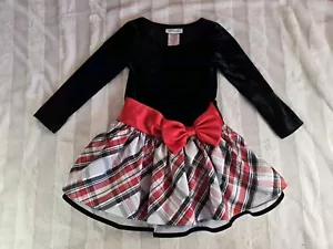Bonnie Jean Girls Black Velvet Red Bow White Black Plaid Holiday Dress Size 5 - Picture 1 of 12