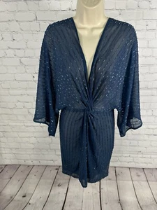 Asos Blue Sheer Beaded V Neck Twist Front Short Sleeve Tunic Cover Up Dress 4 - Picture 1 of 11