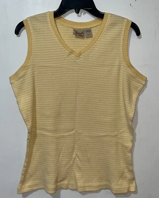 Camiseta sin mangas Woolrich para mujer mediana amarilla blanca a rayas sin mangas acanalada cuello en V básica Foto 1 de 4