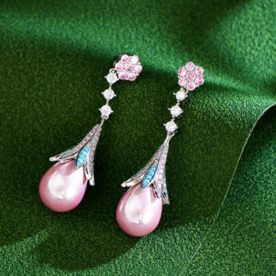 Brincos femininos folheados a prata flor rosa zircônia azul turquesa gota longa pérola - Imagem 1 de 4