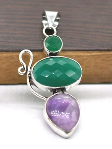 Green Chalcedony & Amethyst Gemstone Ethnic Handmade Pendant Jewelry 1" P 4898 - Picture 1 of 5