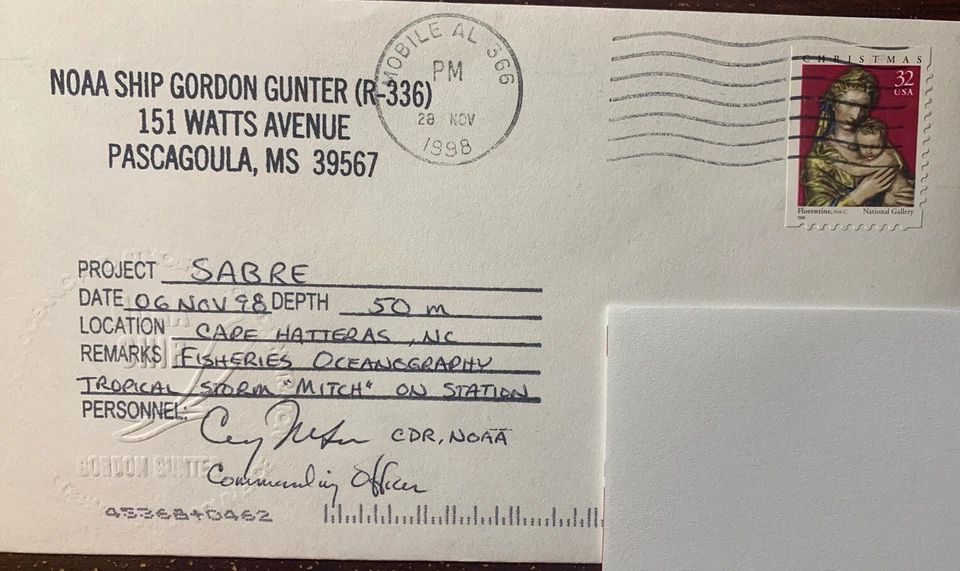 Mobile Ala NOAA Ship Gunter Postal Cover Signed On Station Tropical Storm Mitch - Image 1 of 1