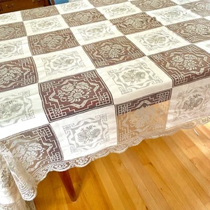 Army Navy Tablecloth & 12 Napkins Taupe Embroidery on Ecru Linen Seats 10 to 12 - Picture 1 of 10