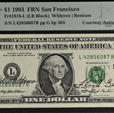 1993 $1 Federal Reserve Note - PMG 63EPQ - Dual Autograph - Withrow / Bentsen - Image 1 of 3