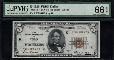 1929 $5 Federal Reserve Bank Note - Dallas - FR.1850-K - PMG 66 EPQ GEM Unc. - Image 1 of 2