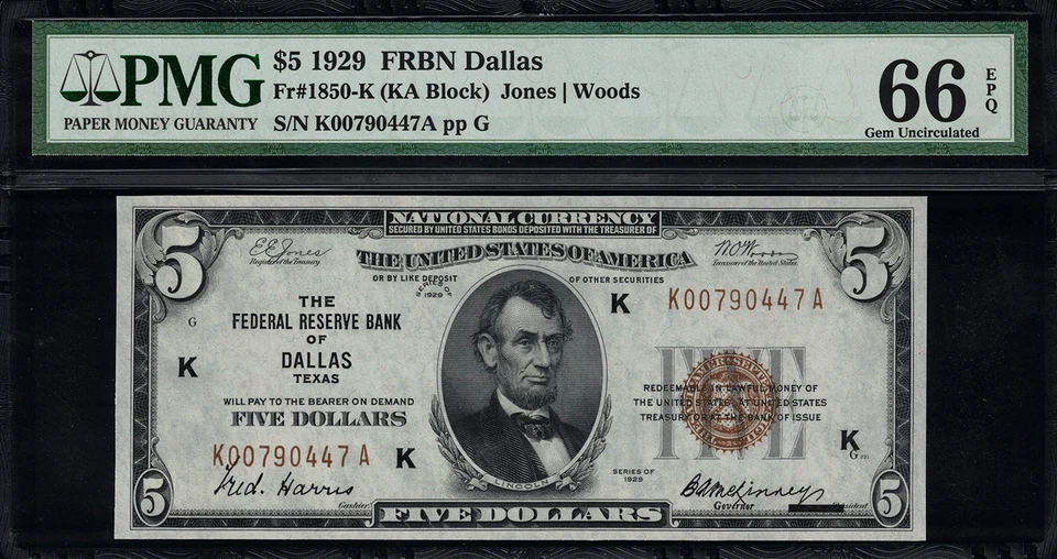 1929 $5 Federal Reserve Bank Note - Dallas - FR.1850-K - PMG 66 EPQ GEM Unc. - Image 1 of 2