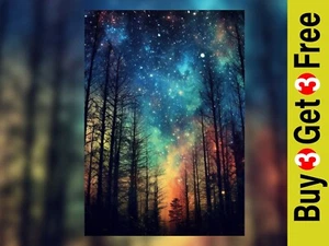Cosmic Trees Starry Night Sky Art Print 5" x 7" - Celestial Tree Painting - Picture 1 of 5
