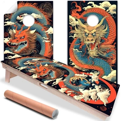 LONE STAR ART Fantasy Cornhole Decal for Boards Covers Sticker Vinyl Wraps Japanese Dragons