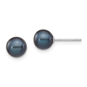 6-7mm 14k White Gold 6-7mm Black Round Freshwater Cultured Pearl Stud Earrings - Picture 1 of 4