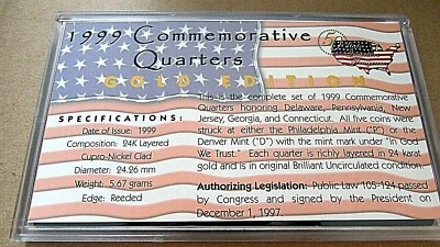 1999... COMMEMORATIVE QUARTERS ... GOLD EDITION ... LAYERED IN 24K GOLD - Image 1 of 3