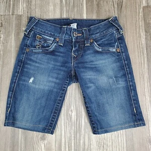 Bermudas True Religion para mujer con solapa bolsillo azul envejecido jean pantalones cortos de mezclilla 26 - Imagen 1 de 12