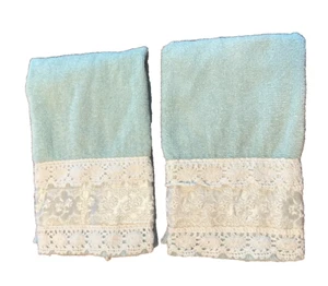 Vintage 19702 Avanti Turquoise Lace Bath Luxury 2 Piece FingerTowel - Picture 1 of 8
