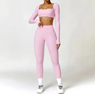 2 Pc Nylon Yoga Tracksuit Women Long Sleeve Crop Top High Waist Leggings - Image 1 of 4