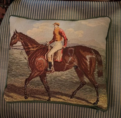 "Petite Needlepoint Jockey/ Racehorse Equestrian Pillow" Highly Detailed - Image 1 of 3