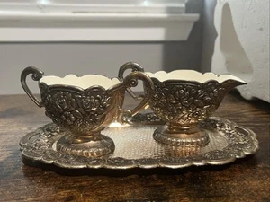 Vintage Floral Silver Plated White Enamel Creamer & Sugar Set Japan Collectible - Picture 1 of 21