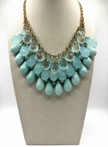 Vintage Pastel Baby Blue Three Layer Bubble Beaded Gold Tone Bib Necklace - Picture 1 of 20