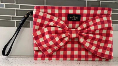 Bolso sin asas/muñequera Kate Spade rojo/rosa/blanco a cuadros pajarita de lona Foto 1 de 4