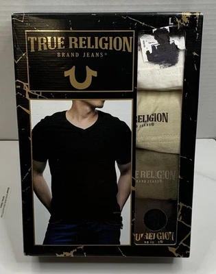 TRUE RELIGION Mens Large 4 Pack V Neck T-Shirts Premium Cotton Designer Hip Hop - Image 1 of 4