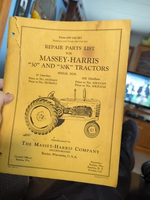 Lista de piezas de reparación para tractores Massey-Harris “30” y “30k”. Formulario 690072M1 Foto 1 de 4