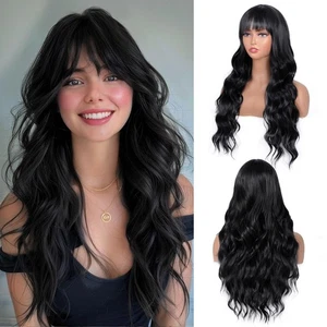 Black Wig with Bangs for Women Long Black Wavy Curly Wig Heat Resistant Synth... - Bild 1 von 6