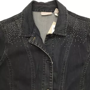 Chicos Jean Jacket Womens 1 Indigo Denim Diamond Skyline Studded Stretch - Picture 1 of 10