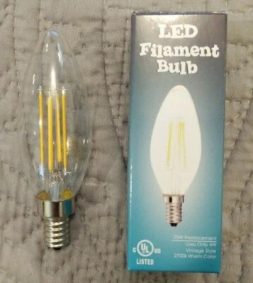 LED Filament 25W Candelabra Dimmable Bulb. 2700k Warm Color. Uses Only 4W. E12 - Image 1 of 4