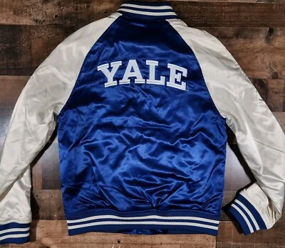 Chaqueta de satén H&M Yale University para mujer XS azul blanco Letterman bombardero universitario Foto 1 de 4