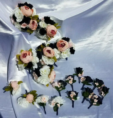 19 Pc Wedding Bouquet Pkg, Ivory, Navy Blue Roses, Blush Peony, Navy & Pink - Image 1 of 4