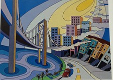 Rare 1985 Greeting Card Charles Edward Adams “Rainbow Skies” Abstract Bay Bridge