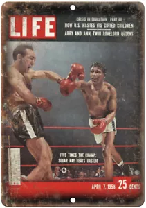 LIFE Magazine 1958 Sugar Ray Basilio Boxe 12" x 9" Riproduzione Insegna Metallo D02 - Foto 1 di 1
