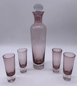 Hand Blown Amethysts Art Glass Decanter  With Stopper & Four Tall Shot Glasses - Picture 1 of 13