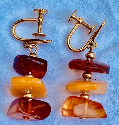 VTG BALTIC AMBER EARRINGS COGNAC CARAMEL BEADS 1/20 12K GOLD FILLED POSTS - Image 1 of 4