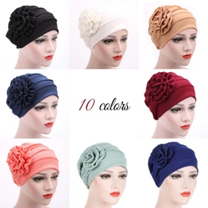 New Trendy Crinkle Womens Solid Color Muslim Turban Flower Head Wrap - Picture 1 of 21