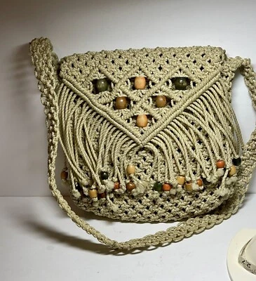 Cartera de hombro vintage macramé bolso beige borlas con cuentas flecos bohemios boho Foto 1 de 4