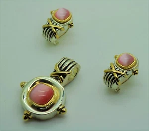 AT654 Exquisites Design zweifarbig rosa Katzenauge Farbe Anhänger & Ohrringe Set - Bild 1 von 3