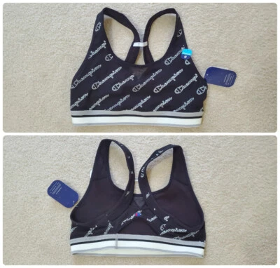 Champion Womens Black White C' Logo Print Sports Bra Cut-Out Racer-Back Sz.M - Image 1 of 4